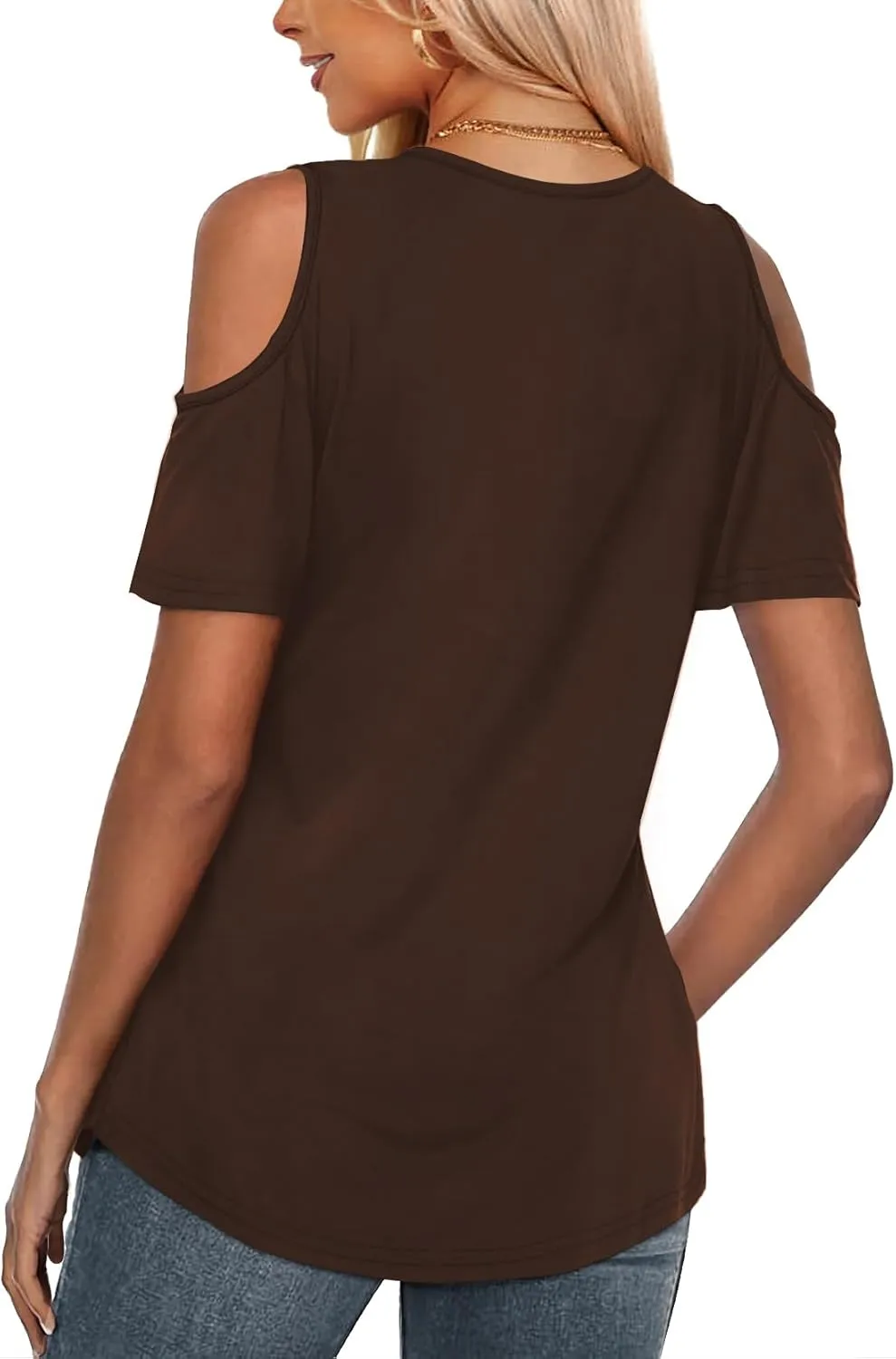 Amoretu Women's Short Sleeve Shirts Cold Shoulder Tops V Neck Blouse Tunic Shirts