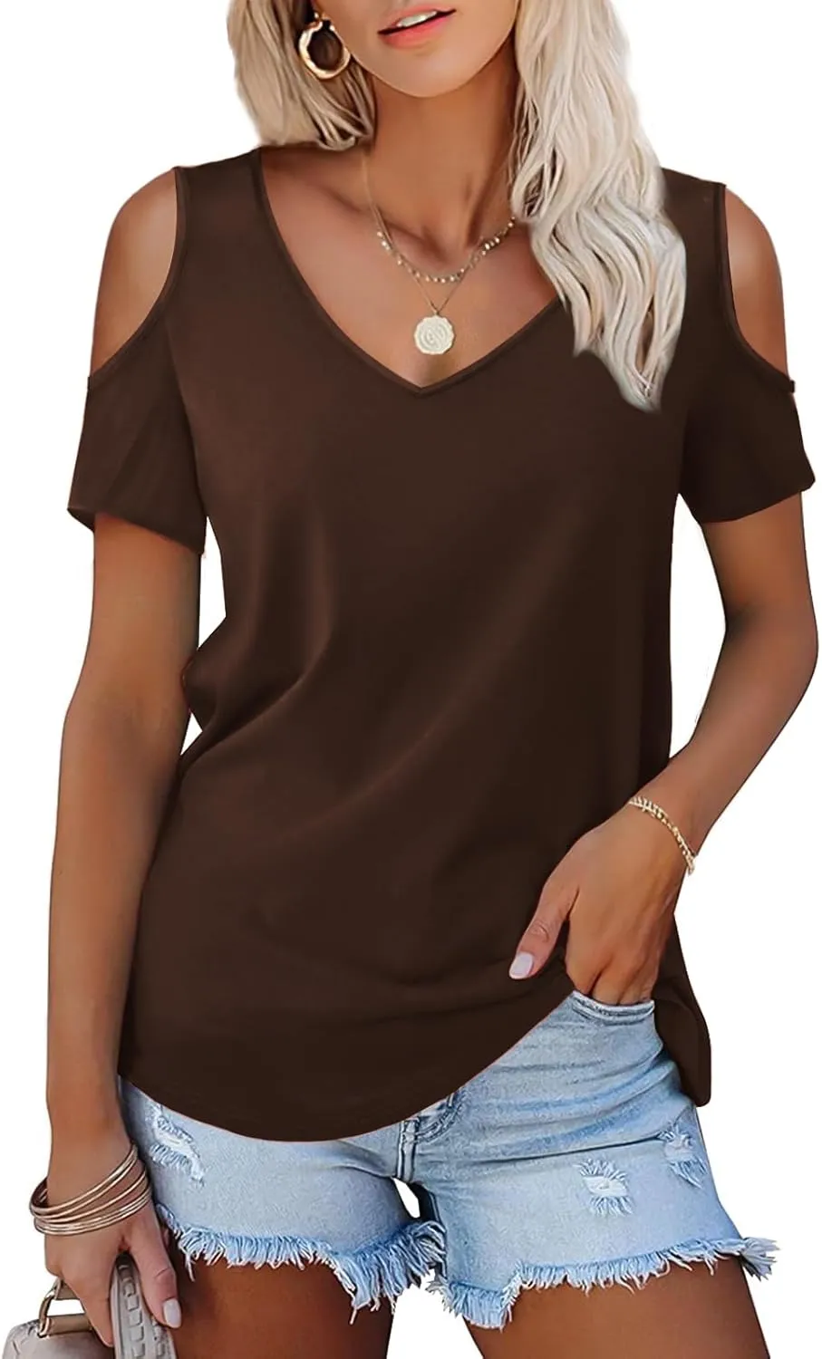 Amoretu Women's Short Sleeve Shirts Cold Shoulder Tops V Neck Blouse Tunic Shirts