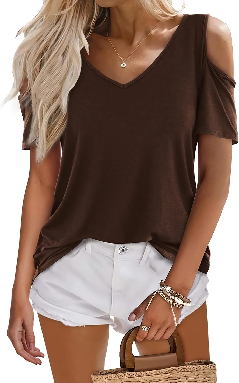 Amoretu Women's Short Sleeve Shirts Cold Shoulder Tops V Neck Blouse Tunic Shirts