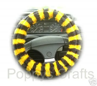 Busy Bumble Bee striped fuzzy faux fur car steering wheel cover