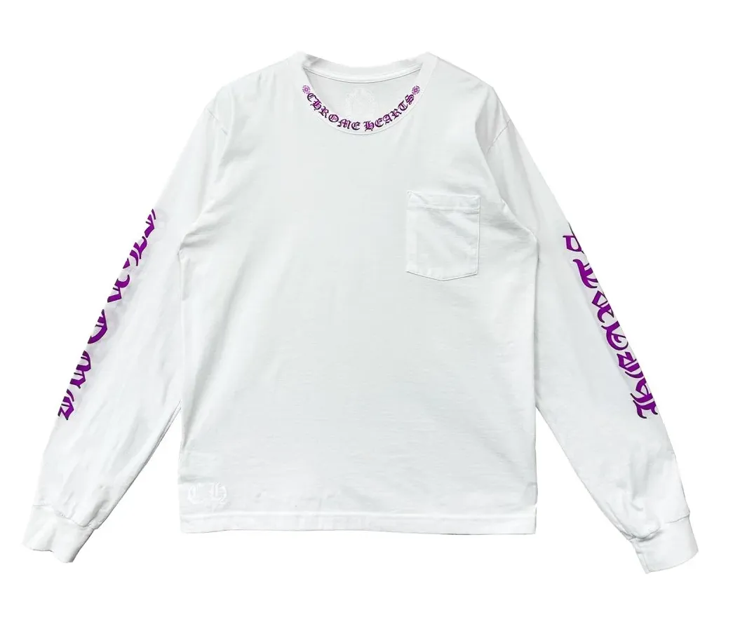 Chrome Hearts White Long Sleeve Tee with Purple Collar Logo - Unisex
