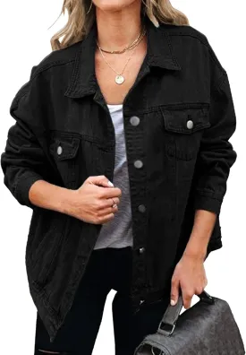 Denim Jacket for Women Classic Long Sleeves Oversized Jean Jacket Boyfriend Button Down Loose Fit Jackets