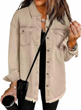 Denim Jacket for Women Oversized Frayed Hem Jean Jacket Ripped Distressed Shacket Casual Button Down Boyfriend Shirt