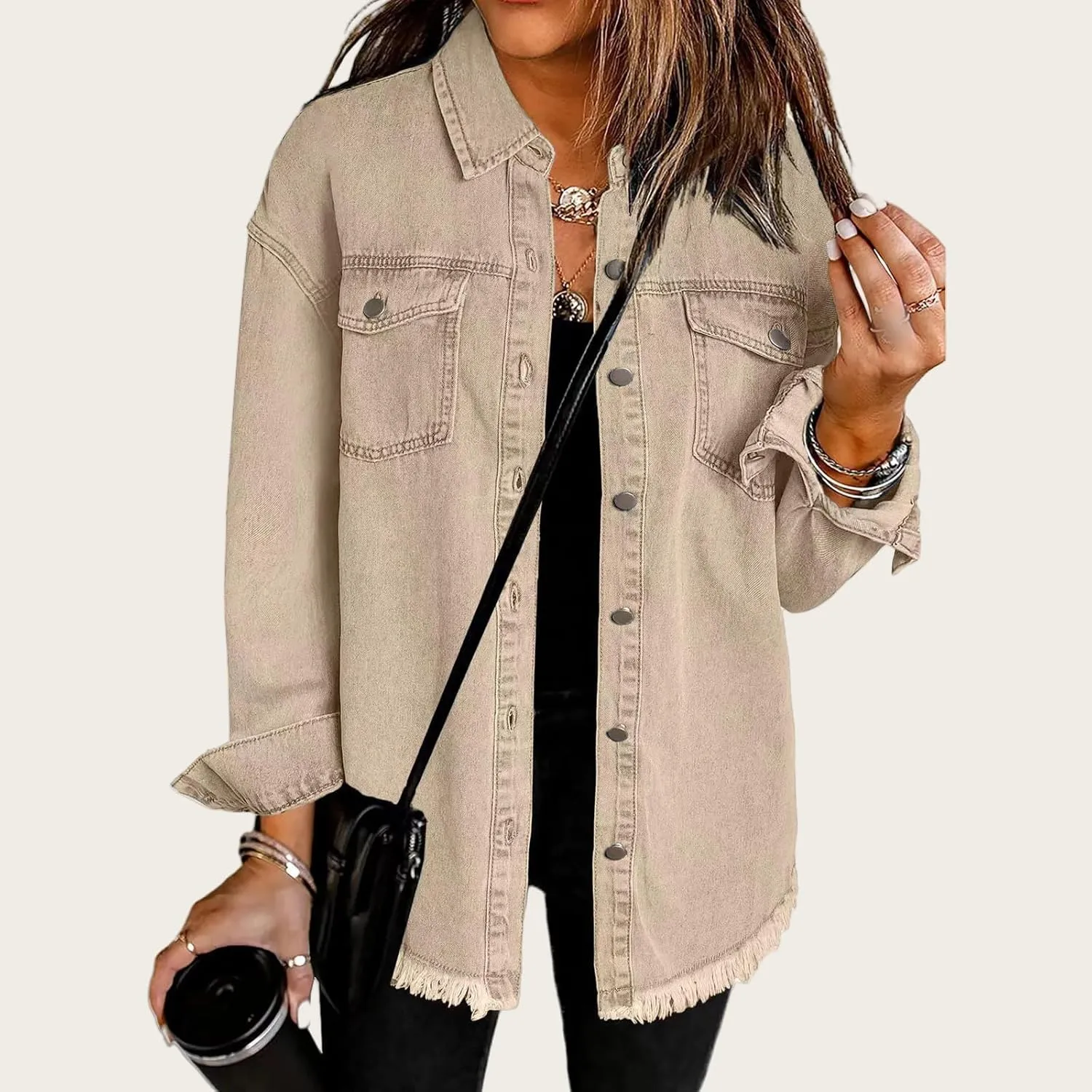 Denim Jacket for Women Oversized Frayed Hem Jean Jacket Ripped Distressed Shacket Casual Button Down Boyfriend Shirt
