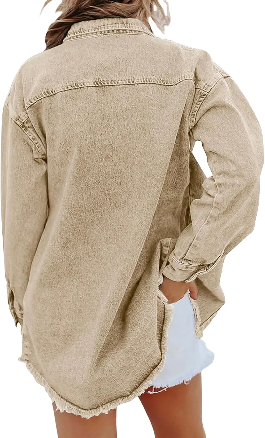 Denim Jacket for Women Oversized Frayed Hem Jean Jacket Ripped Distressed Shacket Casual Button Down Boyfriend Shirt