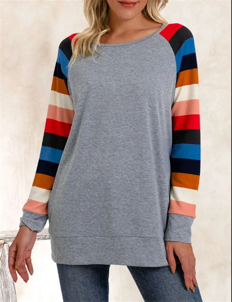 Fashion casual round neck contrast color stitching long-sleeved T-shirt