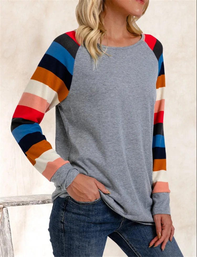Fashion casual round neck contrast color stitching long-sleeved T-shirt
