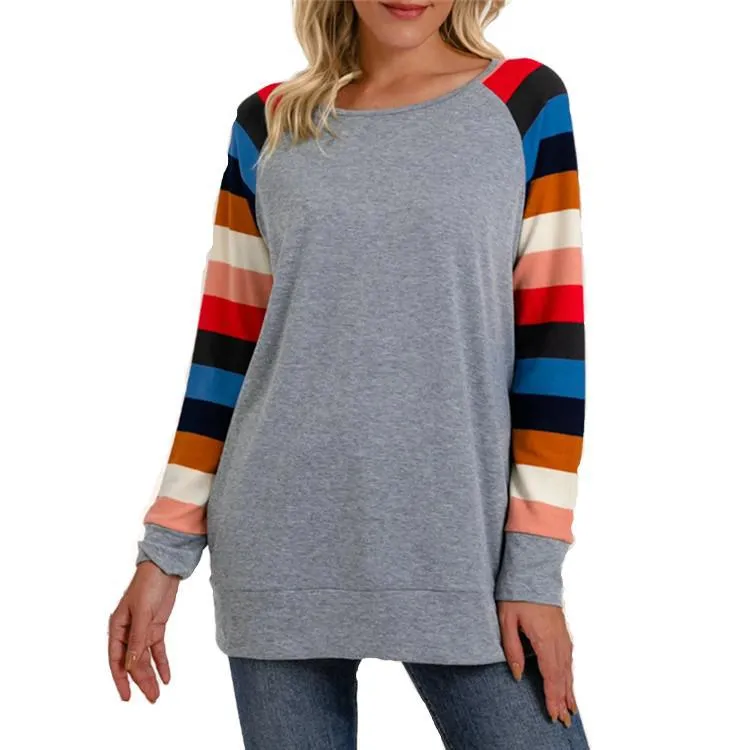 Fashion casual round neck contrast color stitching long-sleeved T-shirt