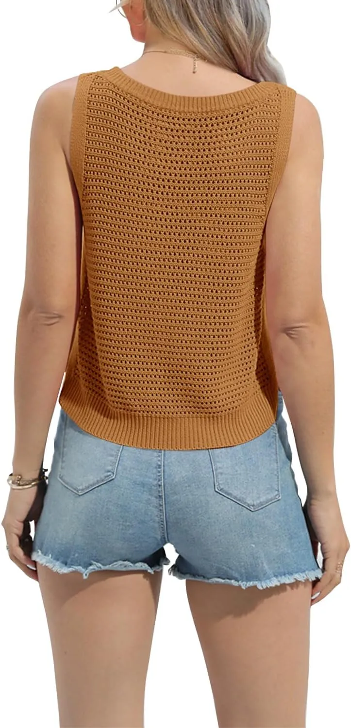 FISACE Womens Summer Knit Sweater Tank Tops Round Neck Crochet Hollow Out Sleeveless Casual Crop Shirt