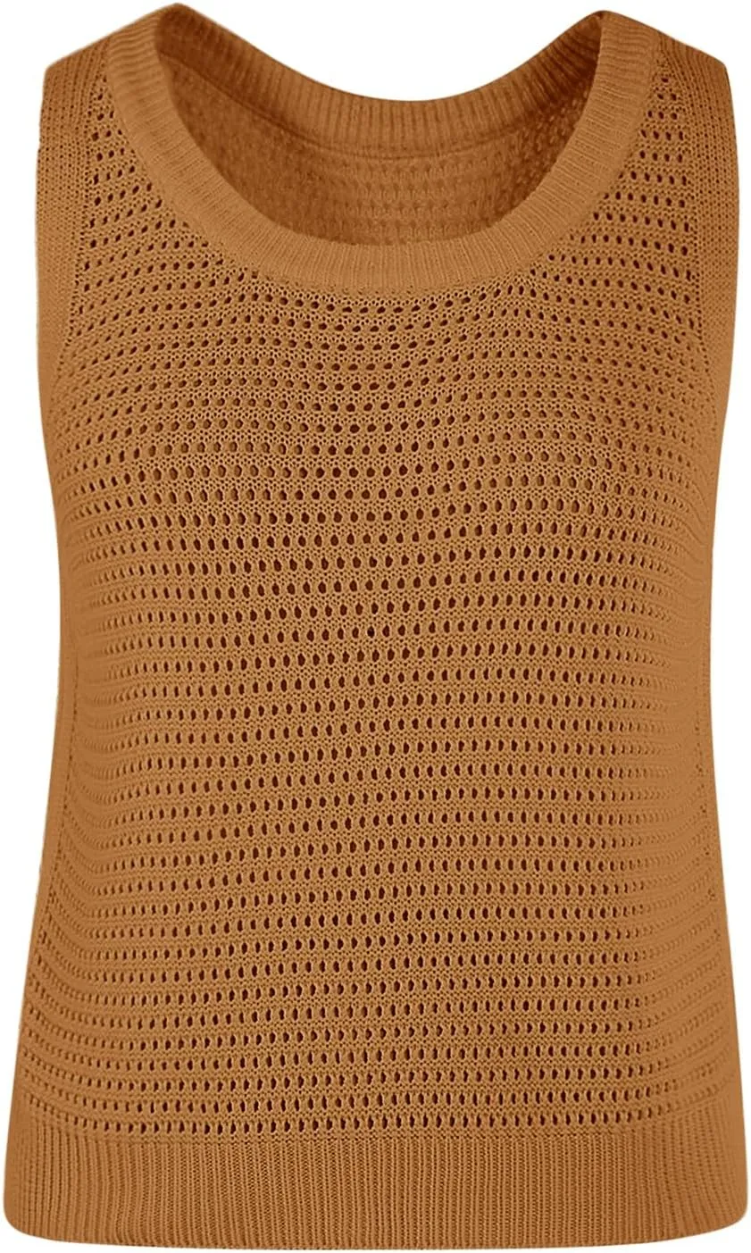 FISACE Womens Summer Knit Sweater Tank Tops Round Neck Crochet Hollow Out Sleeveless Casual Crop Shirt
