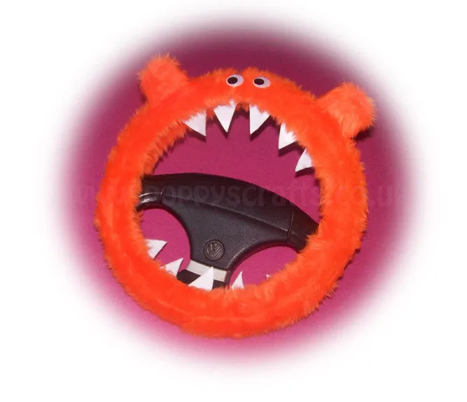 Fuzzy faux fur Tangerine Orange Monster steering wheel cover