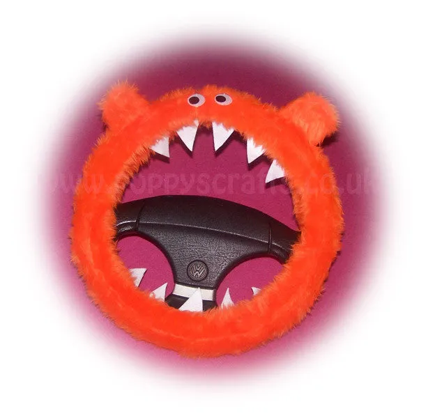 Fuzzy faux fur Tangerine Orange Monster steering wheel cover