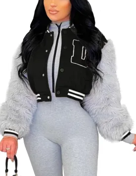 KANSOON Varsity Jacket Women Faux Fur Sleeve Cropped Baseball Jacket Button Up Casual Patchwork Letterman Coat
