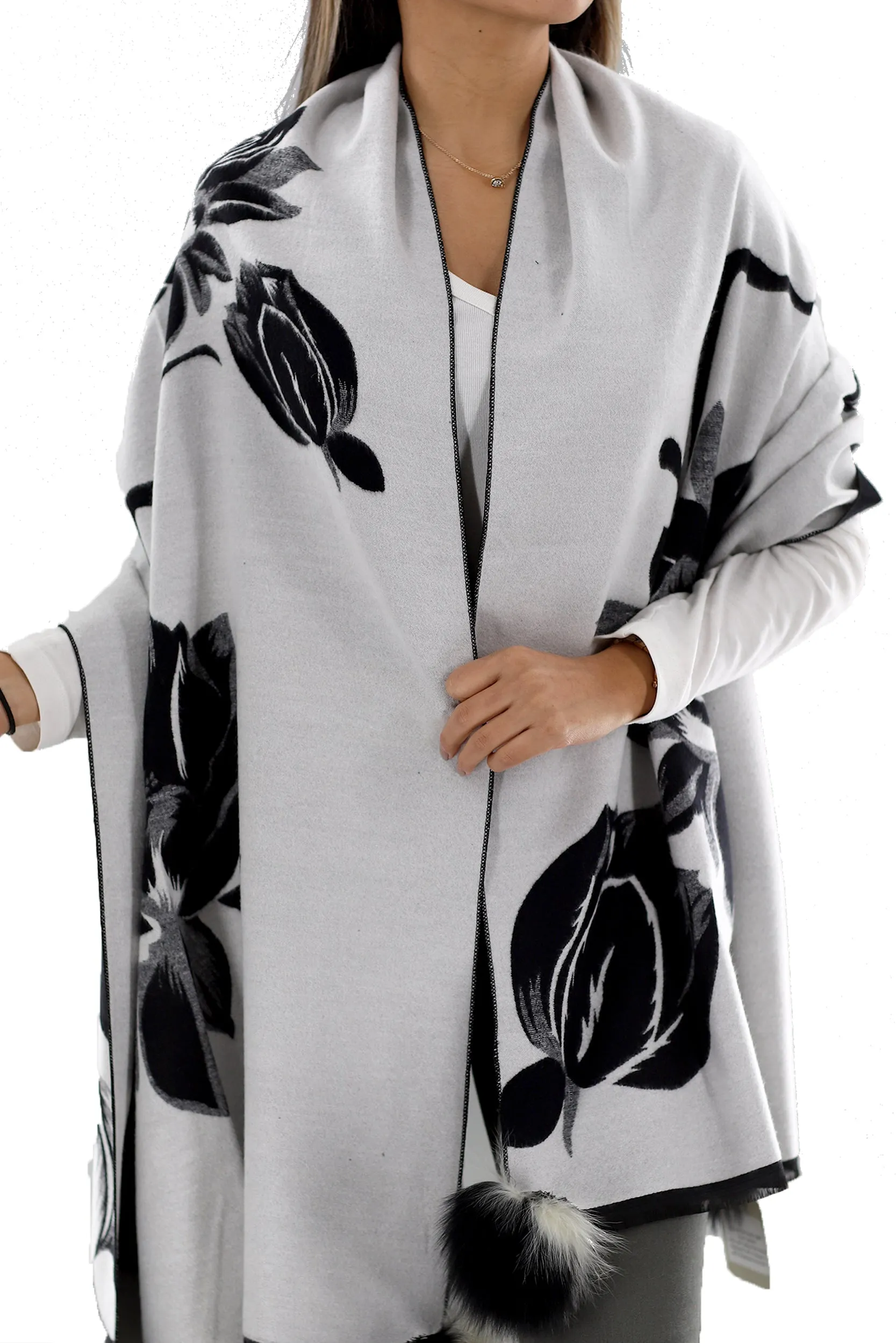 La Fiorentina  | Floral Print Wrap with FAUX Poms | Black/White