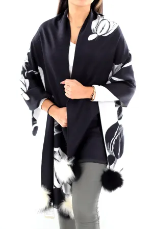 La Fiorentina  | Floral Print Wrap with FAUX Poms | Black/White