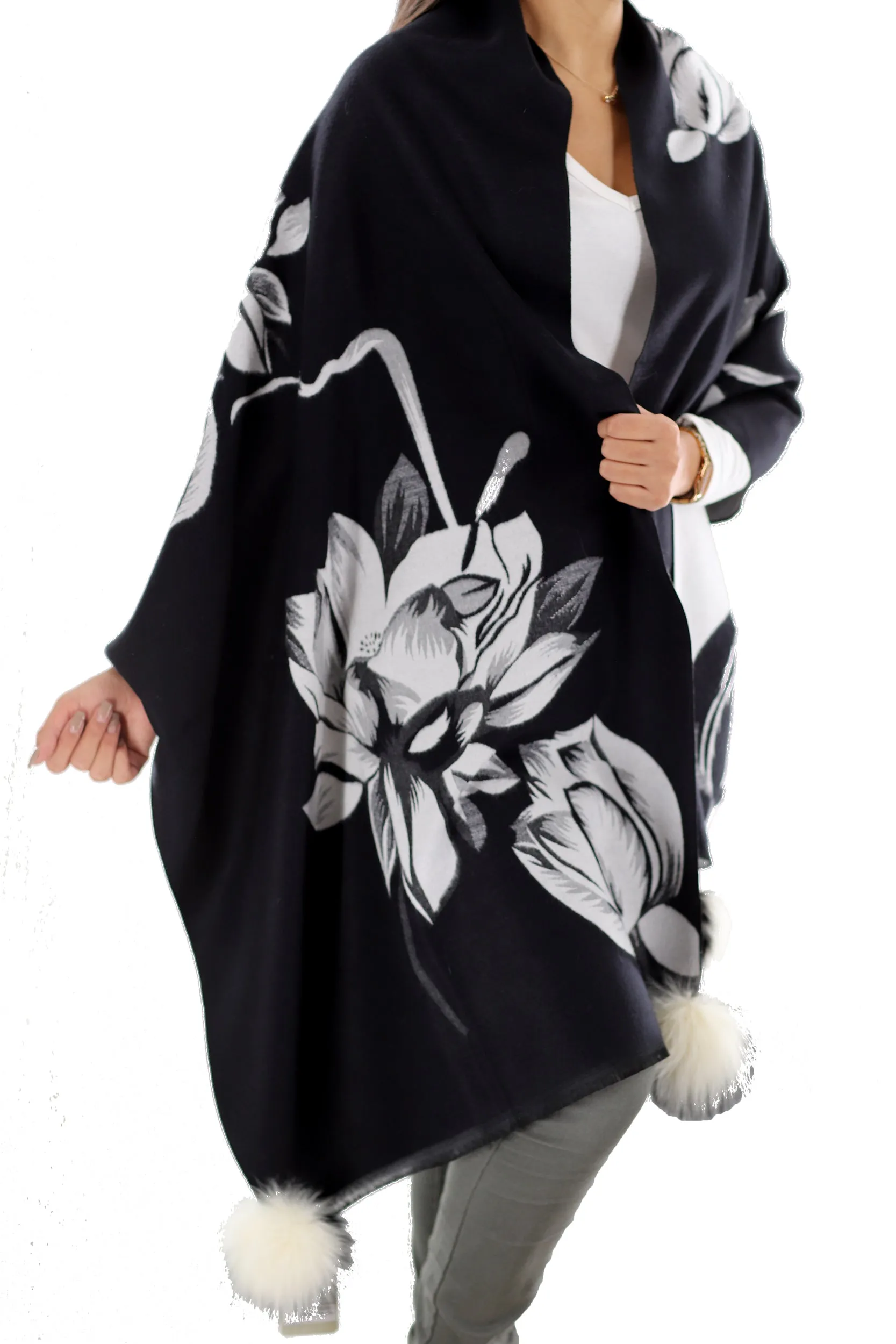 La Fiorentina  | Floral Print Wrap with FAUX Poms | Black/White