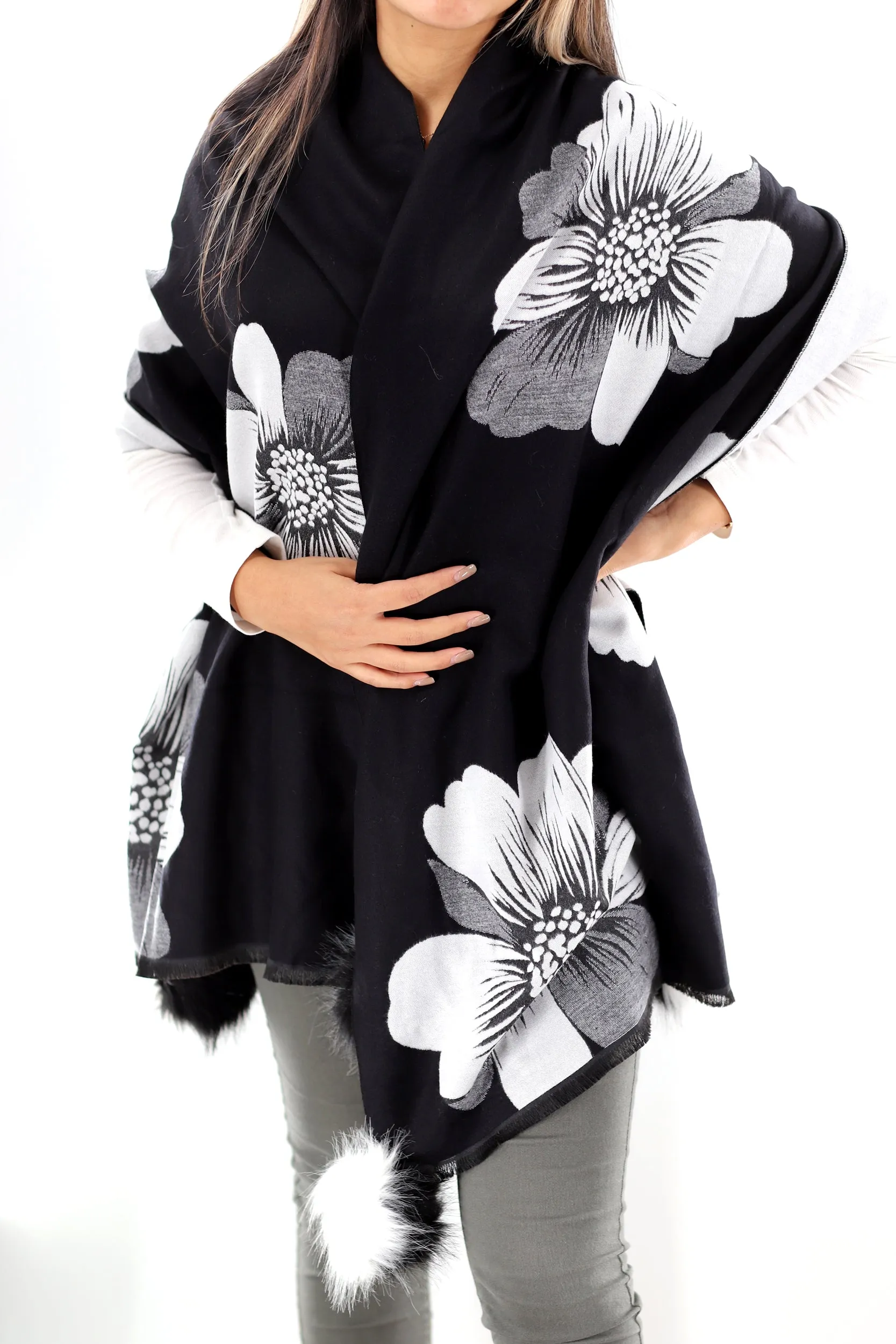 La Fiorentina  | Floral Print Wrap with FAUX Poms | Black/White