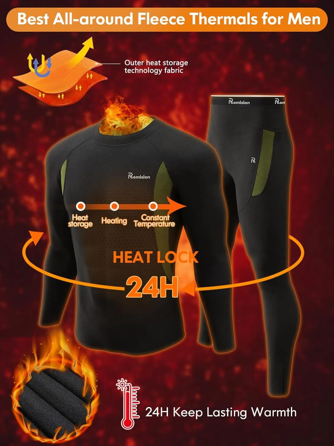 romision Thermal Underwear for Men Long Johns Fleece Lined Hunting Gear Bottom Top Set Base Layer for Cold Weather Gift
