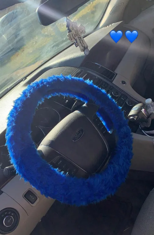Royal Blue fuzzy faux fur car steering wheel cover