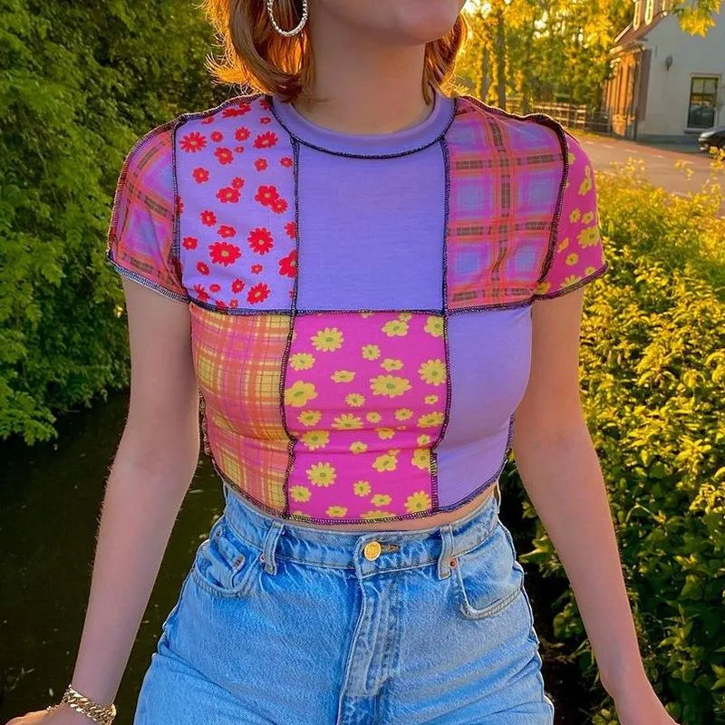 Top-line anti-car floral plaid print stitching T-shirt