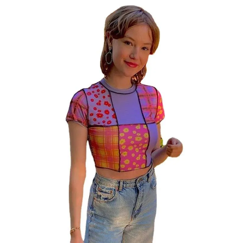 Top-line anti-car floral plaid print stitching T-shirt