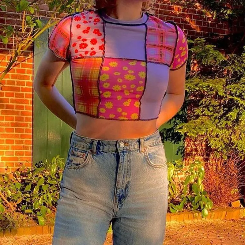 Top-line anti-car floral plaid print stitching T-shirt