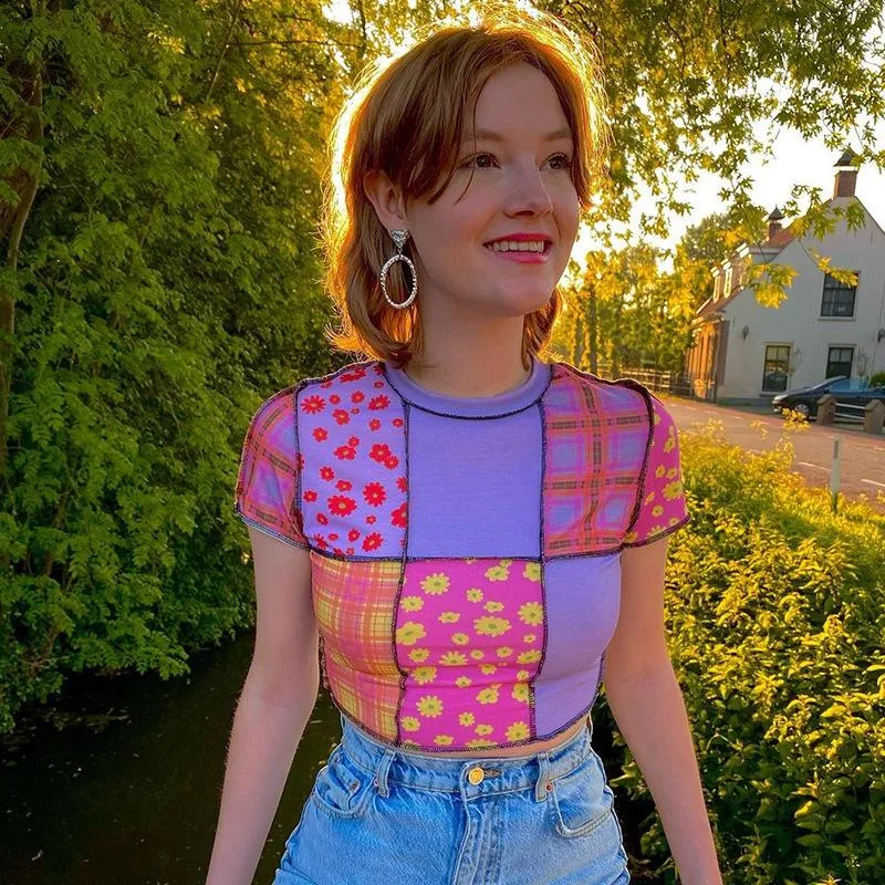 Top-line anti-car floral plaid print stitching T-shirt