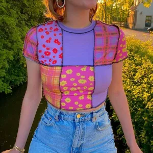 Top-line anti-car floral plaid print stitching T-shirt