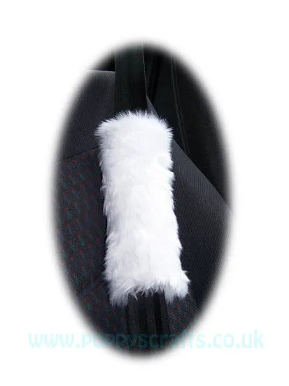 White fluffy steering wheel cover and matching faux fur seatbelt pads