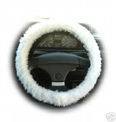 White fuzzy faux fur car steering wheel cover