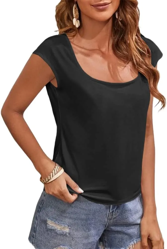 Women's Cap Sleeve Scoop Neck T Shirt Casual Solid Color Basic Tee Shirts Blouses Tank Tops