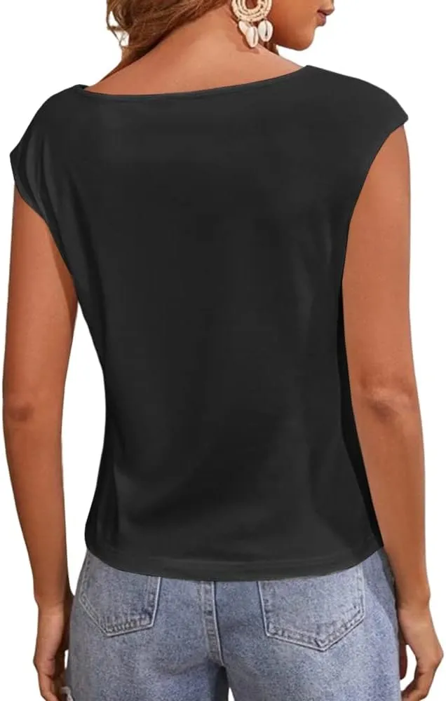 Women's Cap Sleeve Scoop Neck T Shirt Casual Solid Color Basic Tee Shirts Blouses Tank Tops
