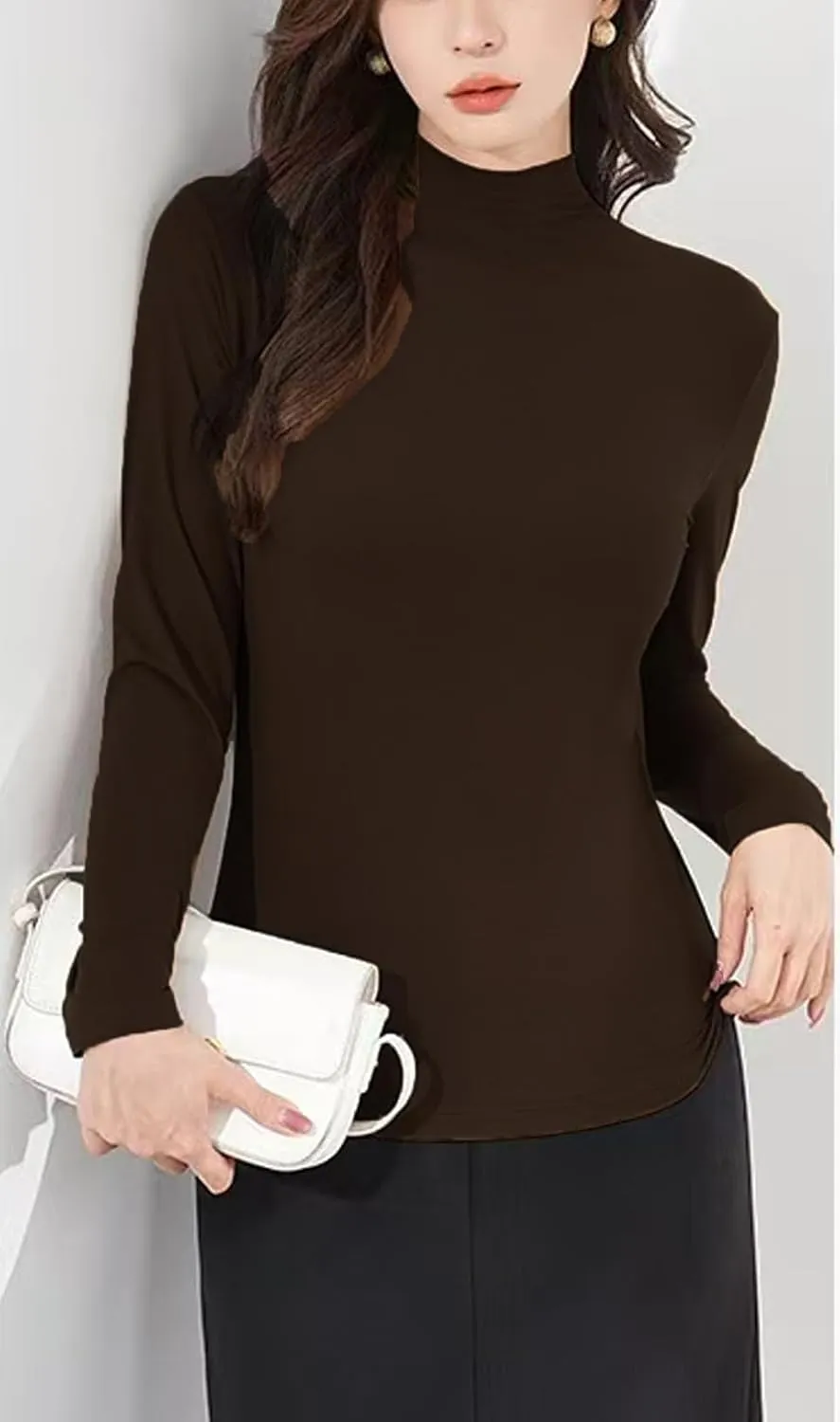 Womens Soft Cotton Long Sleeve Mock Turtleneck Shirts Tops Stretch Underscrubs Layer Tee Tops