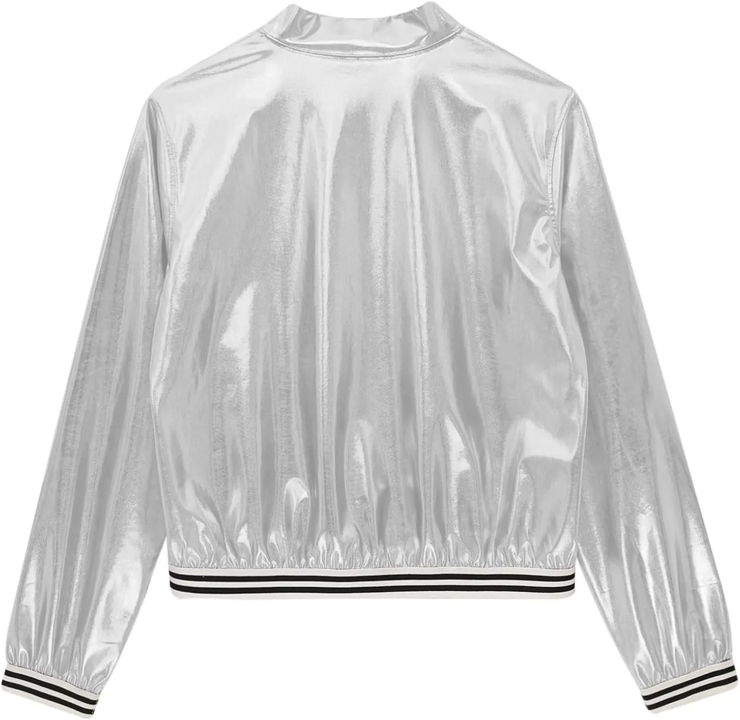 Women's Sparkly Holographic Jackets Front Zip Long Sleeve Elastic Striped Bands Cute Jackets