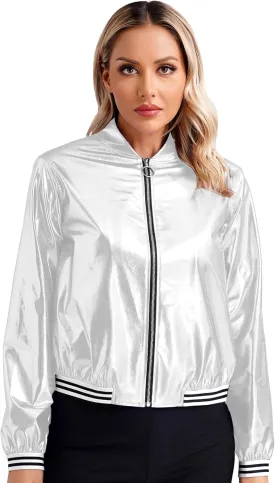 Women's Sparkly Holographic Jackets Front Zip Long Sleeve Elastic Striped Bands Cute Jackets