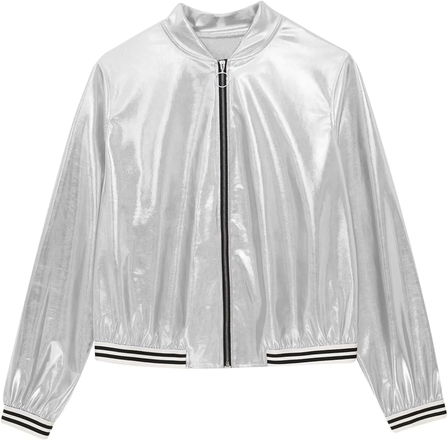 Women's Sparkly Holographic Jackets Front Zip Long Sleeve Elastic Striped Bands Cute Jackets