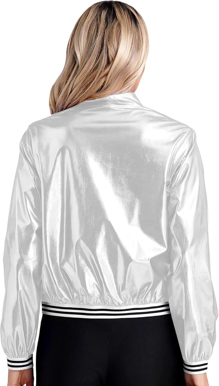 Women's Sparkly Holographic Jackets Front Zip Long Sleeve Elastic Striped Bands Cute Jackets