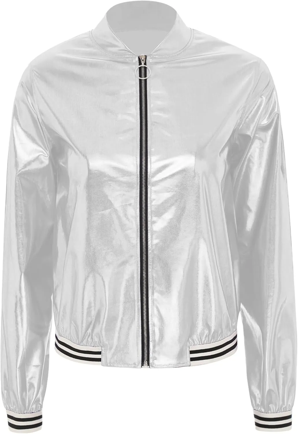 Women's Sparkly Holographic Jackets Front Zip Long Sleeve Elastic Striped Bands Cute Jackets