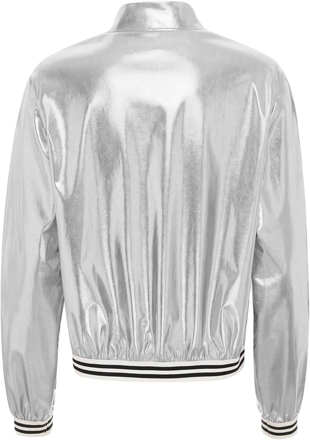 Women's Sparkly Holographic Jackets Front Zip Long Sleeve Elastic Striped Bands Cute Jackets