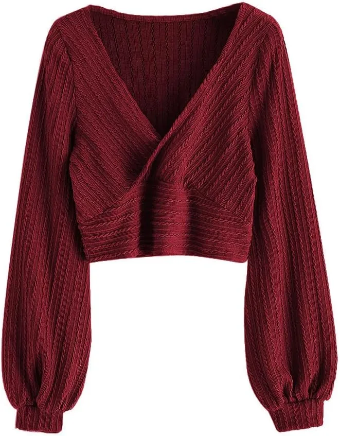 ZAFUL Women's Pullover Ribbed Cropped Knitwear Drawstring Ruched Knitted Crop Top Solid V-Neck Long Sleeve T-Shirt