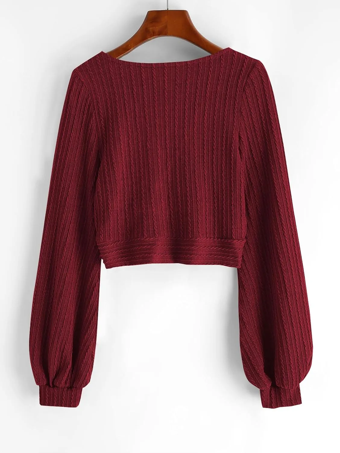 ZAFUL Women's Pullover Ribbed Cropped Knitwear Drawstring Ruched Knitted Crop Top Solid V-Neck Long Sleeve T-Shirt