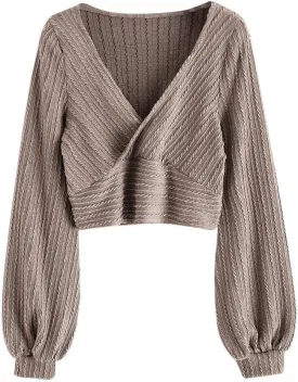ZAFUL Women's Pullover Ribbed Cropped Knitwear Drawstring Ruched Knitted Crop Top Solid V-Neck Long Sleeve T-Shirt