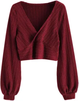 ZAFUL Women's Pullover Ribbed Cropped Knitwear Drawstring Ruched Knitted Crop Top Solid V-Neck Long Sleeve T-Shirt